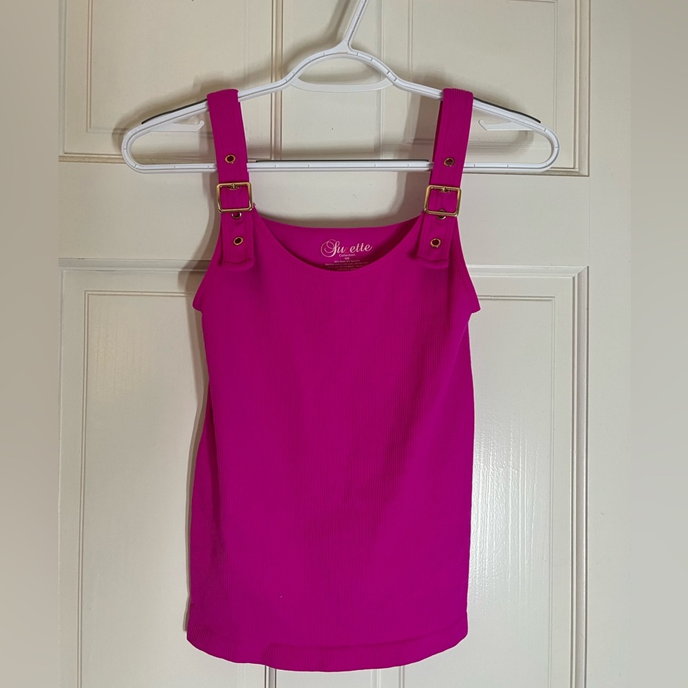 Suzette bright ribbed magenta tank with gold buckle sleeves